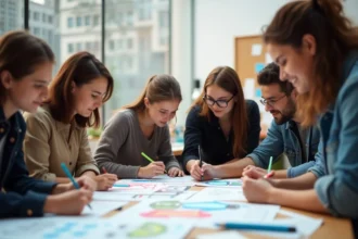 Élèves travaillant sur des projets créatifs dans une école de design