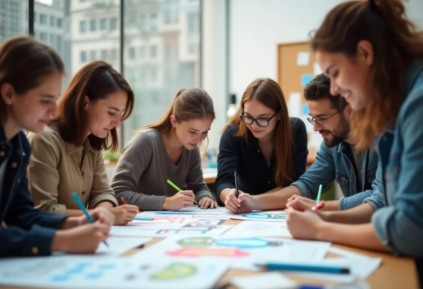 Élèves travaillant sur des projets créatifs dans une école de design