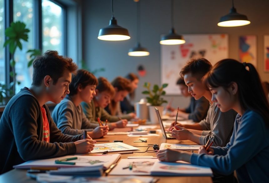 Étudiants en cours d'animation 3D dans une salle de classe