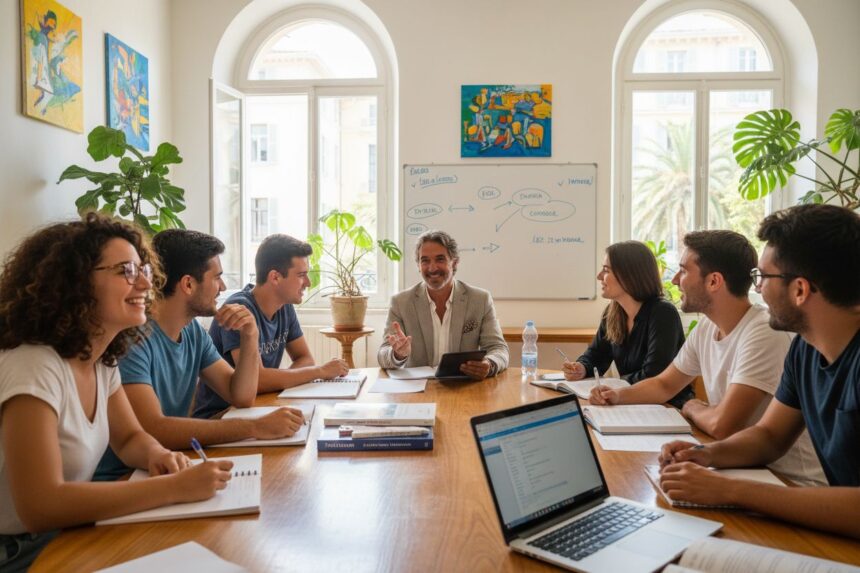 Étudiants en cours d'italien à Nice, échangeant autour de leurs expériences d'apprentissage