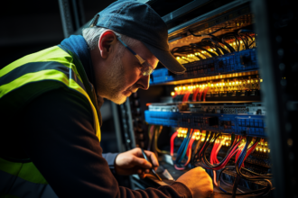 Technicien en fibre optique travaillant sur un raccordement réseau