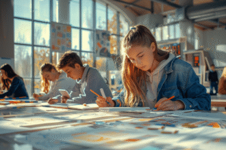 Élèves en classe de design travaillant sur des projets créatifs