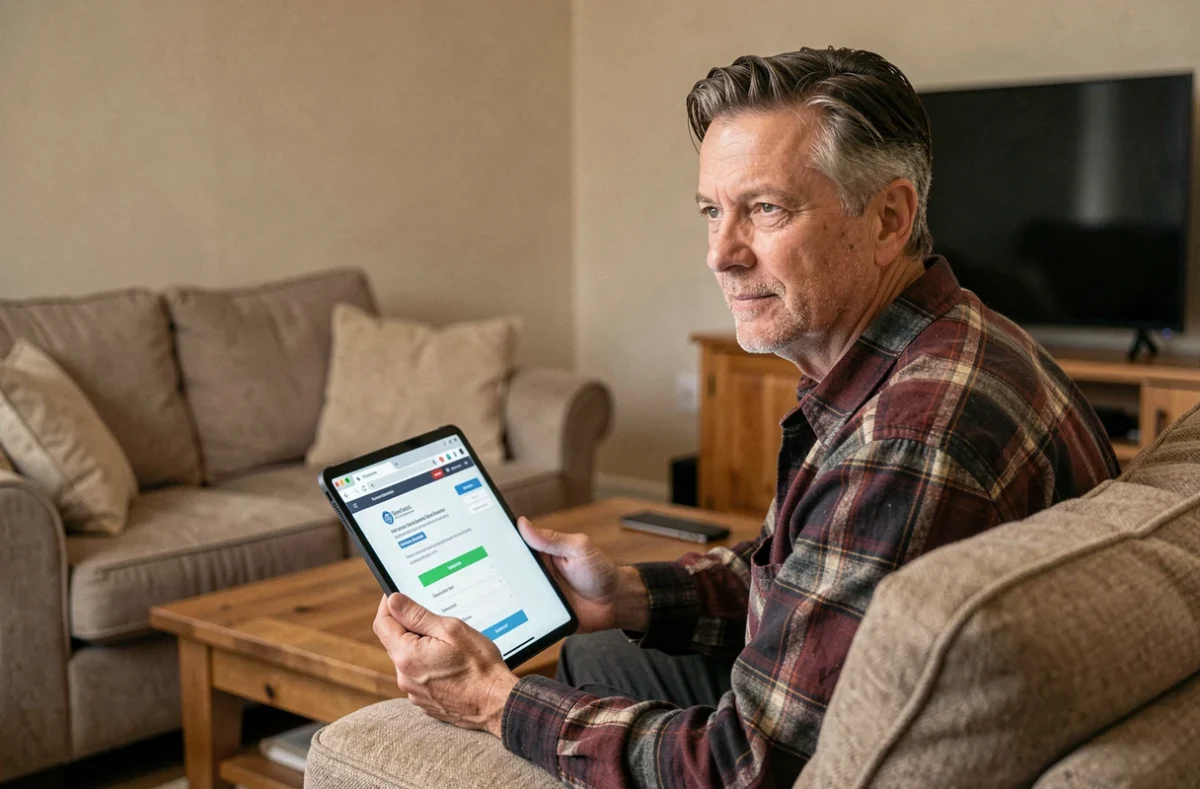 Homme d'âge mûr consultant un campus numérique universitaire sur tablette depuis son salon