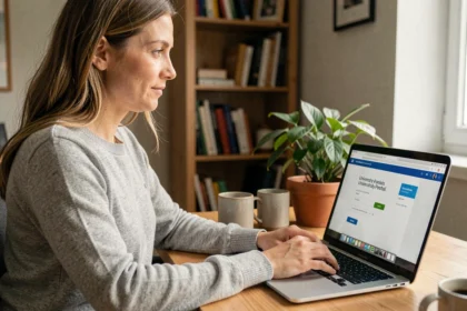 Femme accédant à un portail universitaire en ligne depuis son bureau à domicile sur un ordinateur portable