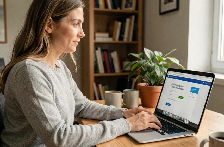 Femme accédant à un portail universitaire en ligne depuis son bureau à domicile sur un ordinateur portable