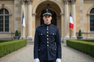 Jeune homme en uniforme militaire devant l'entrée d'une grande école militaire française de type Saint-Cyr