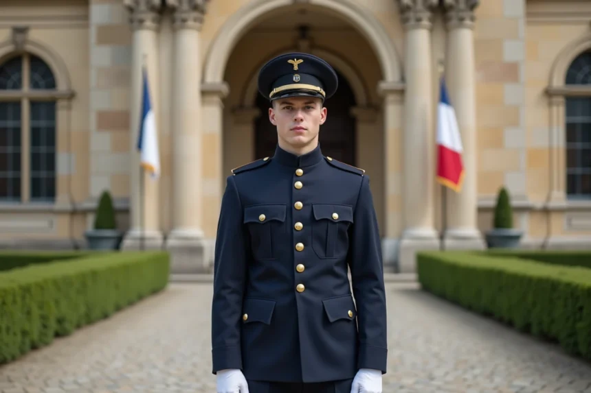Jeune homme en uniforme militaire devant l'entrée d'une grande école militaire française de type Saint-Cyr