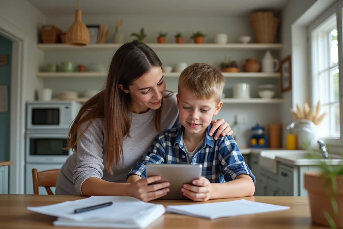 Adolescent au collège utilisant une tablette dans la cuisine familiale
