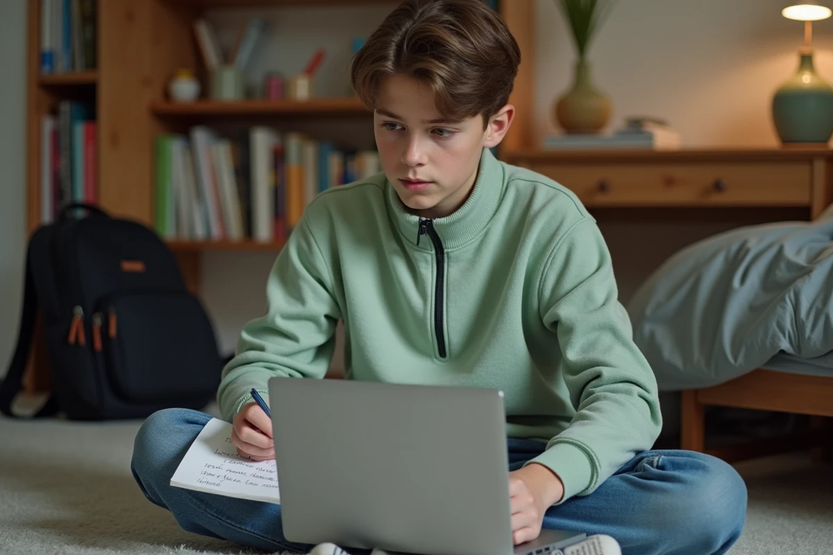 Adolescent prenant note des conseils de sécurité pour protéger son compte ENT Auvergne depuis sa chambre