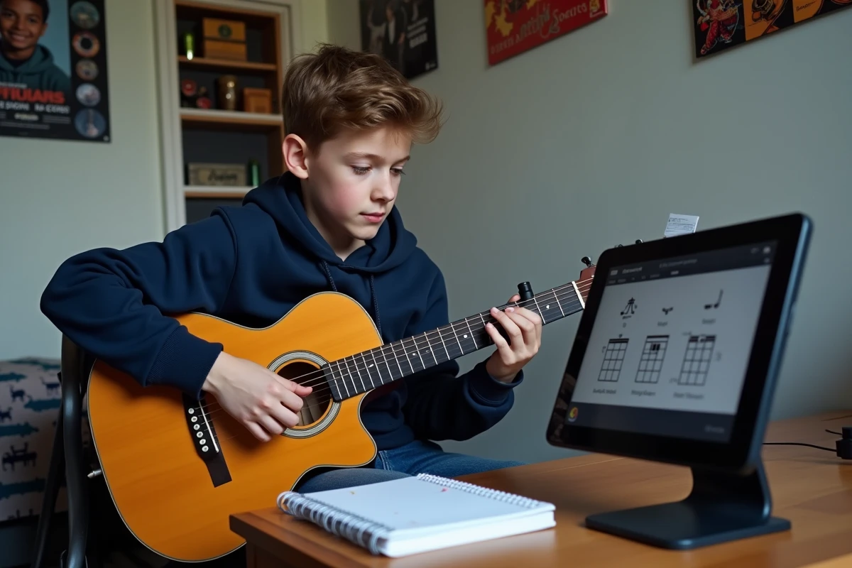 Adolescent apprenant les accords de Let It Be sur guitare acoustique avec une tablature vidéo sur tablette
