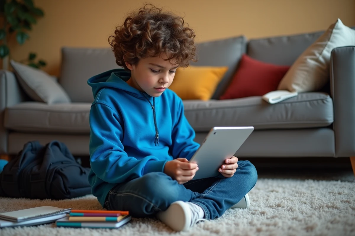 Adolescent étudiant vérifiant ses emails sur une tablette à la maison
