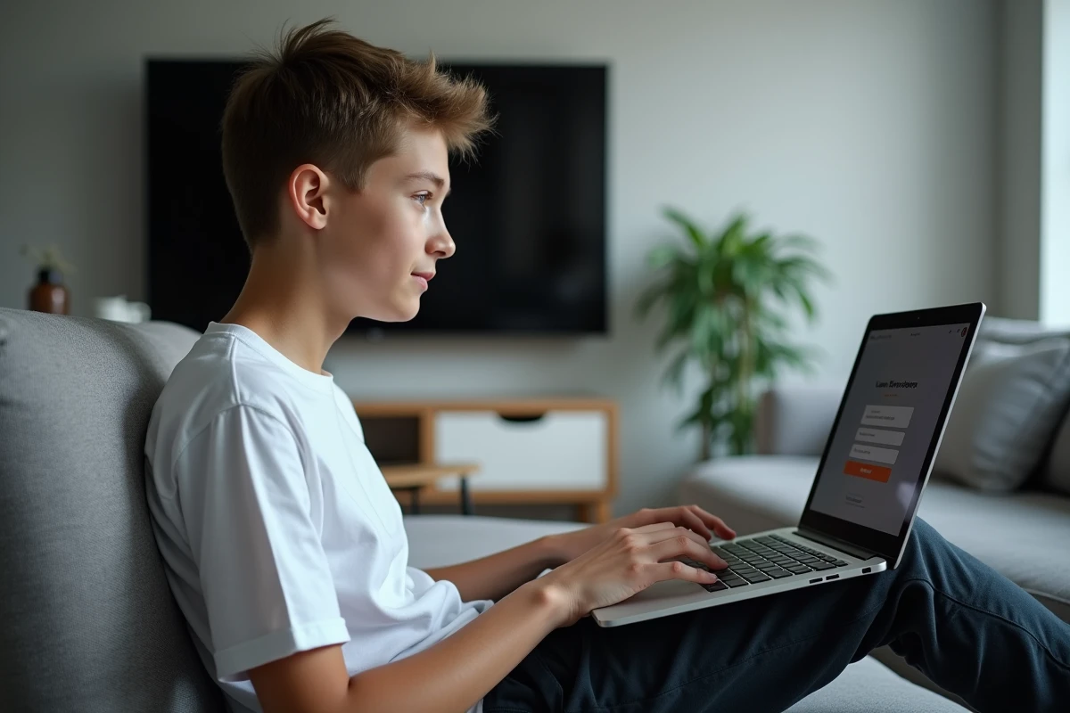 Adolescent connecté à la plateforme scolaire numérique depuis le canapé du salon