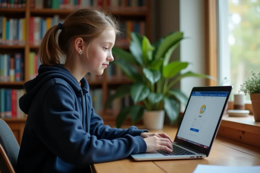 Adolescente accédant à la plateforme scolaire ONE depuis son bureau à la maison