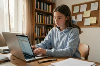 Adolescente consultant sa liste de classe scolaire 2026 sur un ordinateur portable dans sa chambre