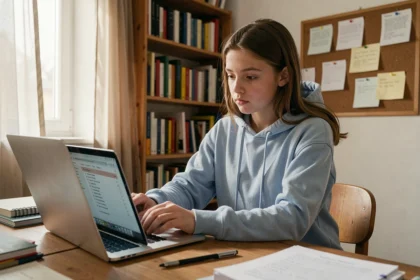 Adolescente consultant sa liste de classe scolaire 2026 sur un ordinateur portable dans sa chambre