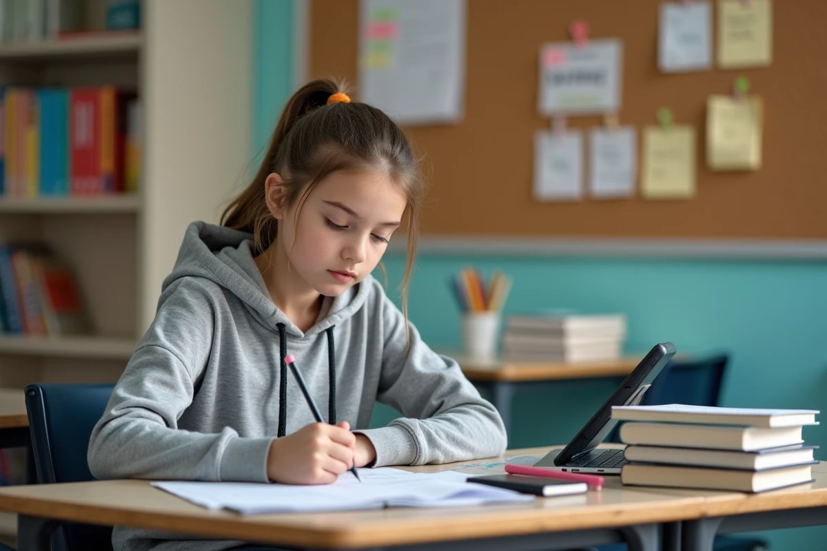 Adolescente faisant ses devoirs avec un quiz sur smartphone et des cahiers scolaires étalés sur un bureau