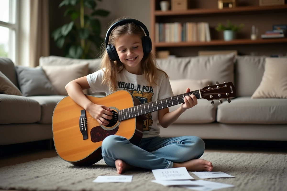 Adolescente jouant de la guitare dans un salon cosy