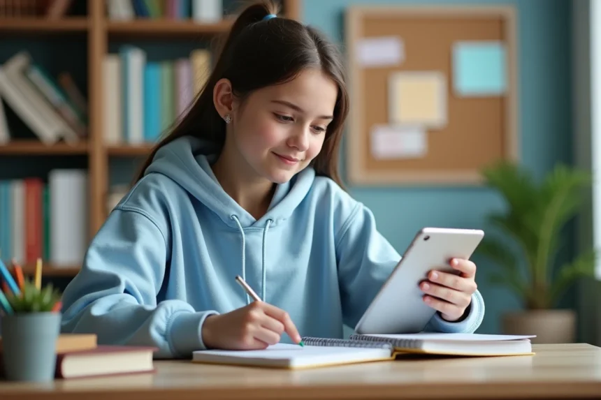 Adolescente consultant l'application Scolinfo sur une tablette pour suivre ses devoirs sans stress, assise à son bureau organisé