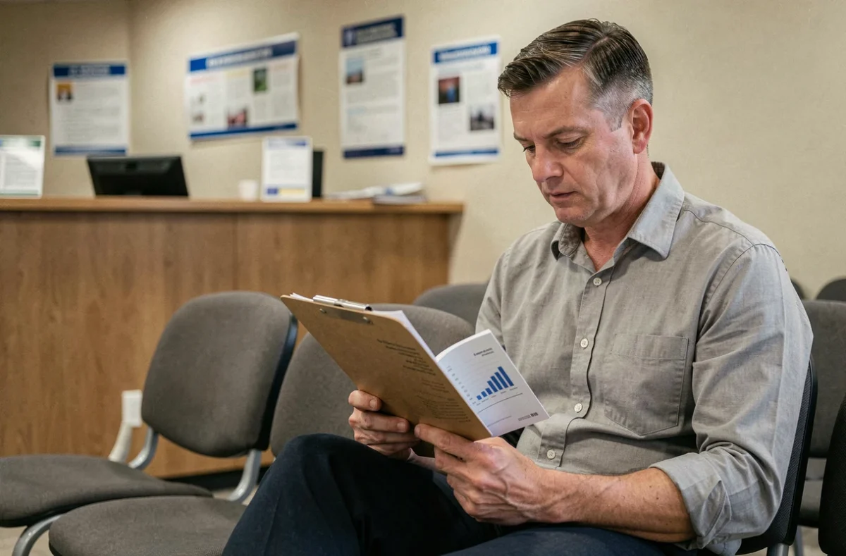 Agent contractuel lisant un guide sur le PIA dans une salle d'attente administrative