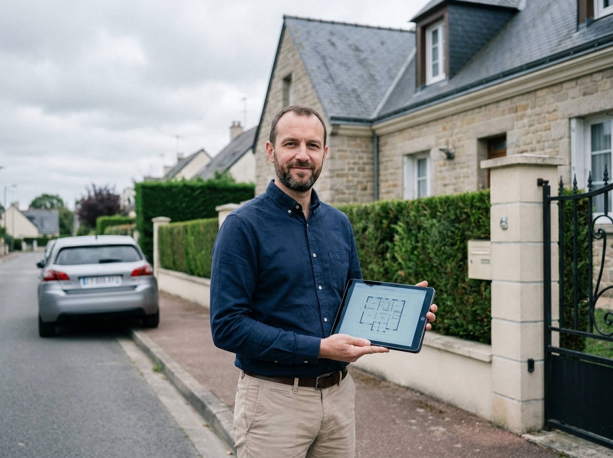 Agent mandataire immobilier indépendant devant une maison lors d'une visite client en 2026