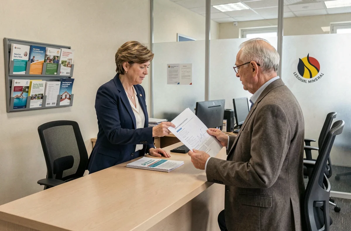 Agent municipal belge accompagnant un senior dans ses démarches pour obtenir des aides financières en kinésithérapie