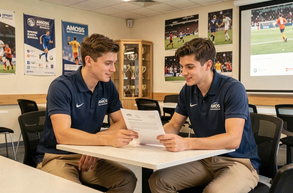 Étudiants révisant un dossier de sponsoring dans une salle de cours de l'AMOS Sport Business School Bordeaux