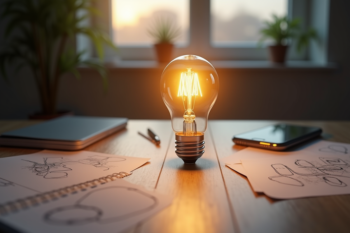 Ampoule lumineuse sur un bureau en bois avec croquis et smartphone