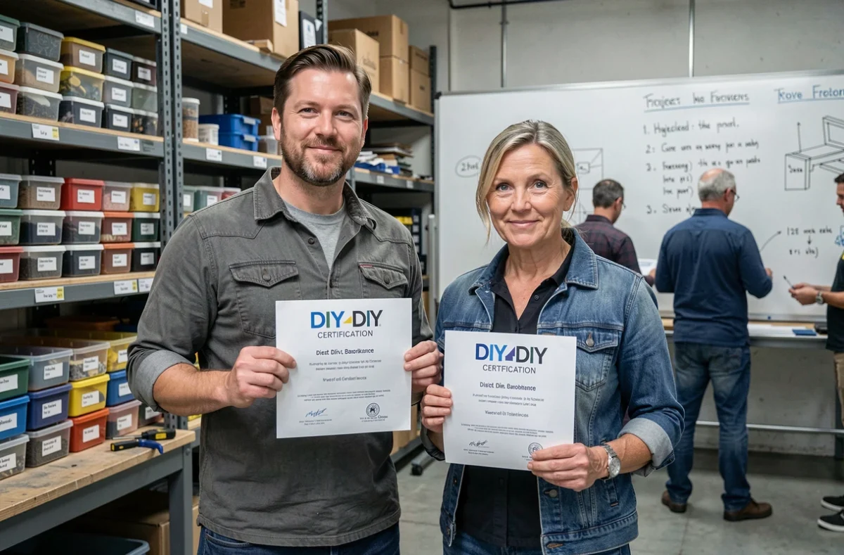 Deux anciens élèves tenant leur certificat de formation bricolage dans un atelier collectif après avoir partagé leurs retours d'expérience