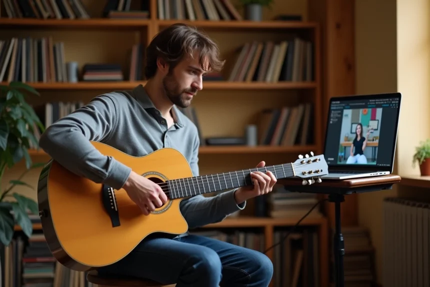 Homme apprenant la tablature de Let It Be sur guitare acoustique grâce à un tutoriel vidéo sur ordinateur portable