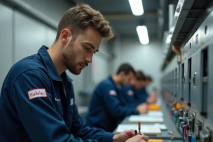 Apprenti en CFA réalisant un câblage électrique sur un tableau lors d'une formation professionnelle Habilec