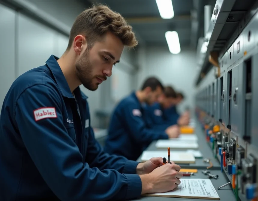 Apprenti en CFA réalisant un câblage électrique sur un tableau lors d'une formation professionnelle Habilec