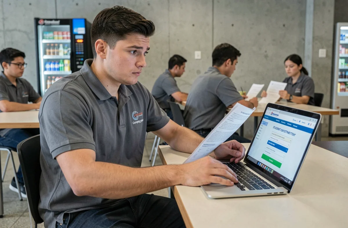 Jeune apprenti consultant le site de la CVEC sur un ordinateur portable dans un centre de formation en alternance
