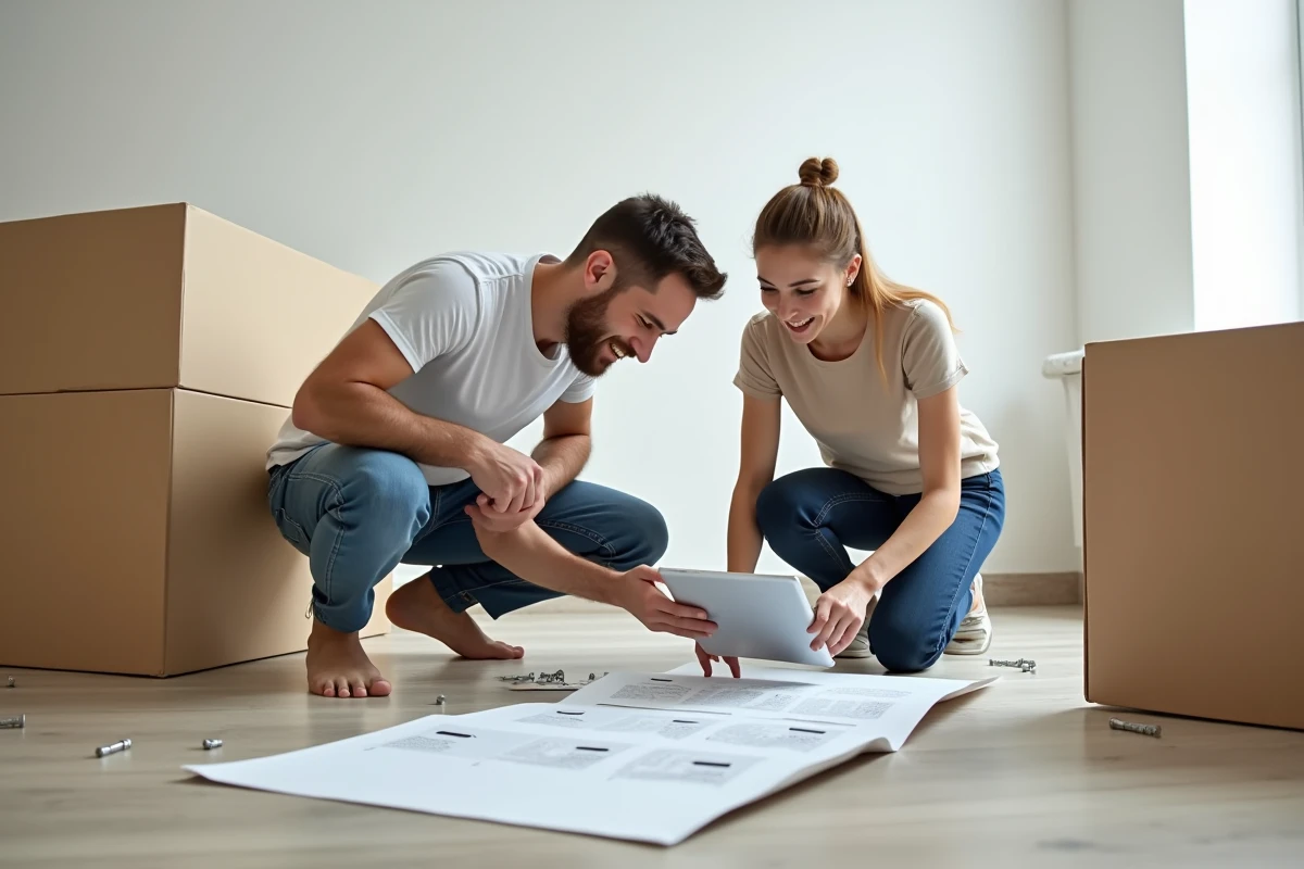 Couple assemblant un meuble en kit en suivant des instructions sur tablette lors d'un cours pratique de bricolage