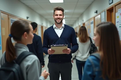 Jeune assistant d'éducation souriant dans un lycée français
