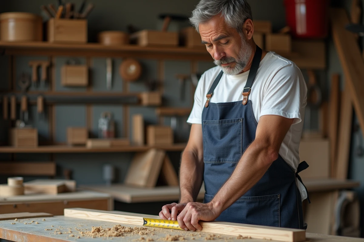 Homme mesurant une planche en bois dans un atelier de bricolage bien équipé lors d'un cours pratique