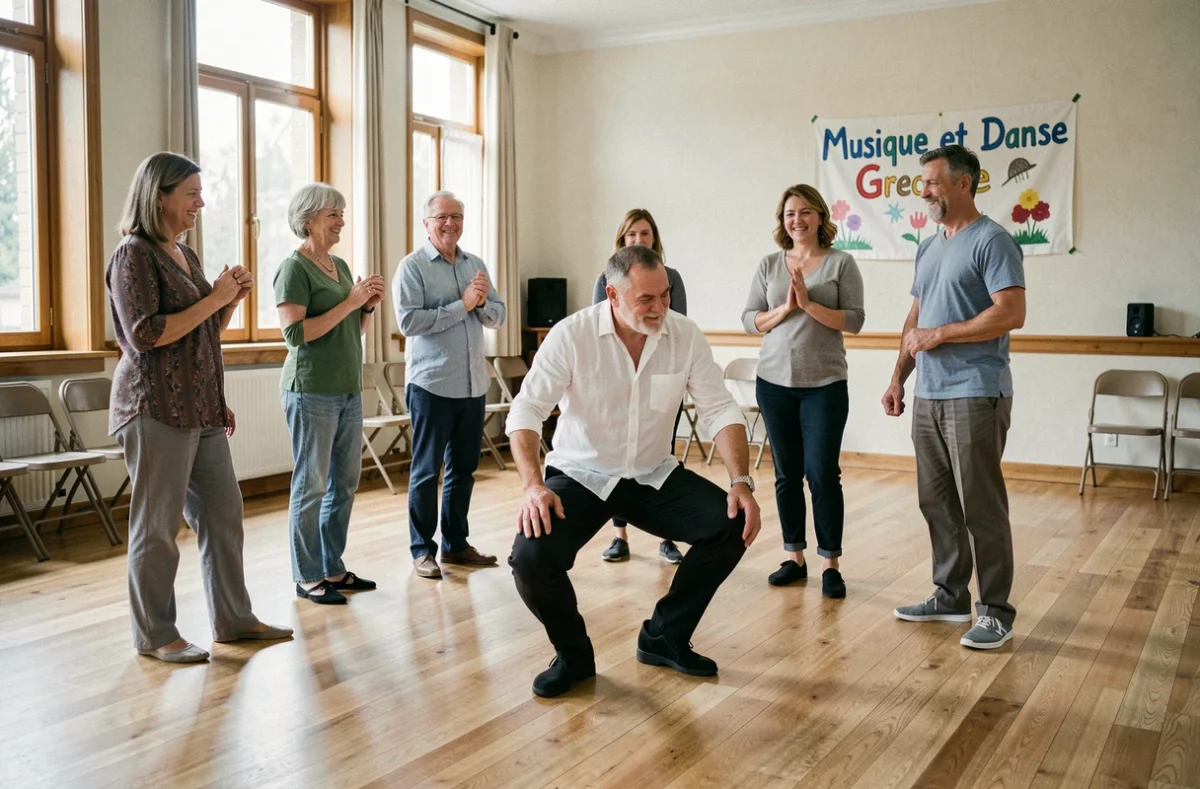 Atelier de sirtaki animé par un instructeur grec dans une salle de danse communautaire