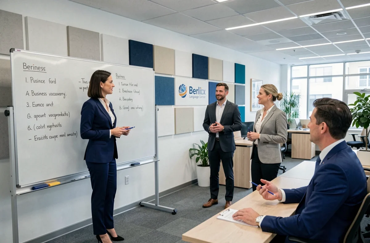 Cours d'anglais professionnel en méthode immersive Berlitz avec une formatrice et des adultes en tenue de bureau