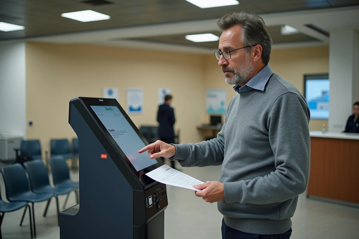 Homme utilisant une borne interactive dans une agence France Travail pour effectuer sa réinscription