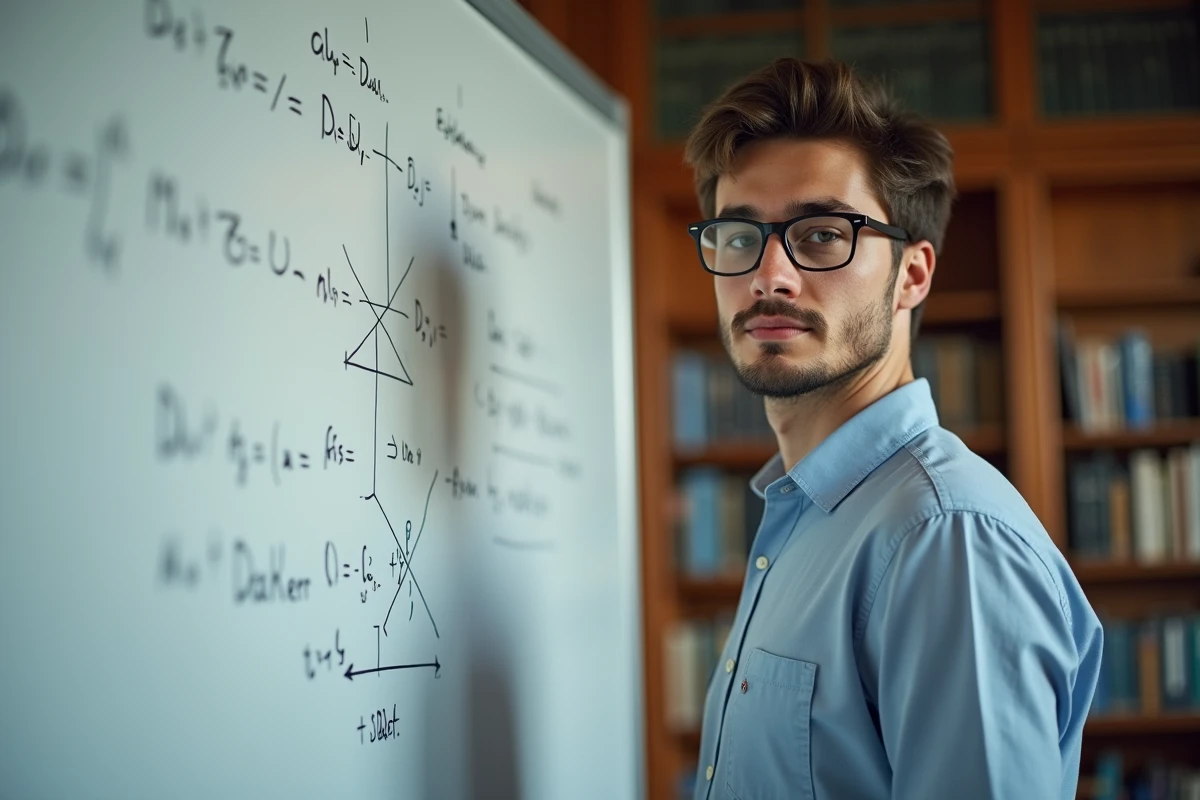 Étudiant de CentraleSupélec devant un tableau blanc couvert d'équations lors d'un cours sur le numérique