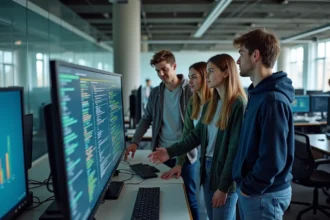 Étudiants en école d'ingénieurs autour d'un écran interactif affichant du code et des données numériques dans un laboratoire informatique moderne