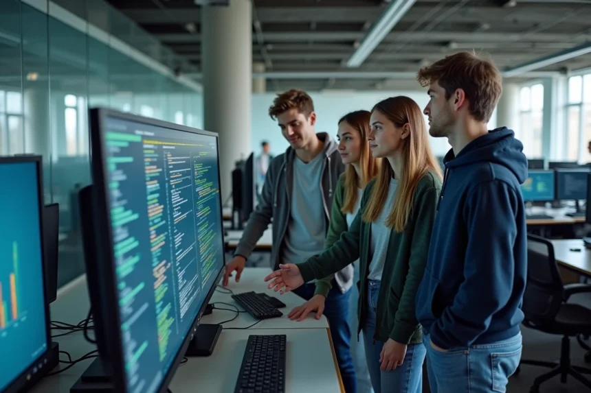 Étudiants en école d'ingénieurs autour d'un écran interactif affichant du code et des données numériques dans un laboratoire informatique moderne