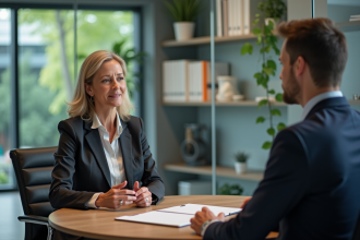Femme coach mature en réunion avec un jeune homme au bureau