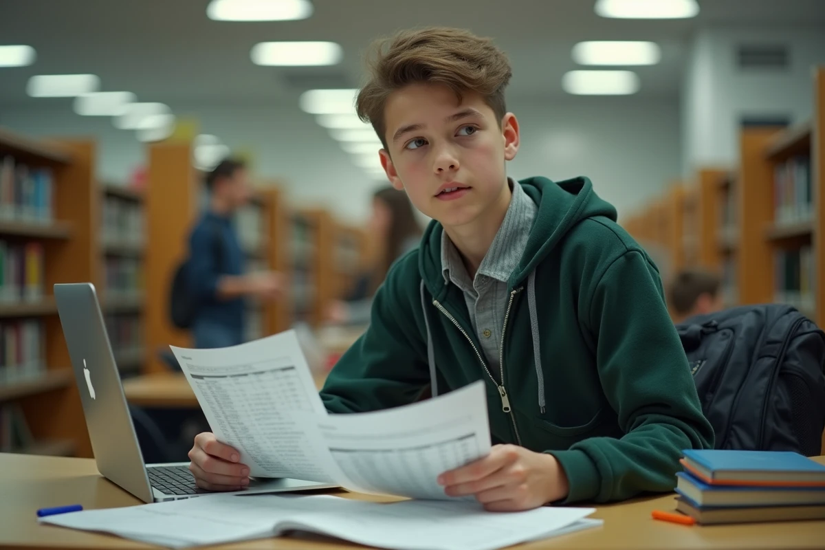 Collégien organisant ses devoirs avec un agenda numérique Scolinfo dans une bibliothèque scolaire calme et bien rangée