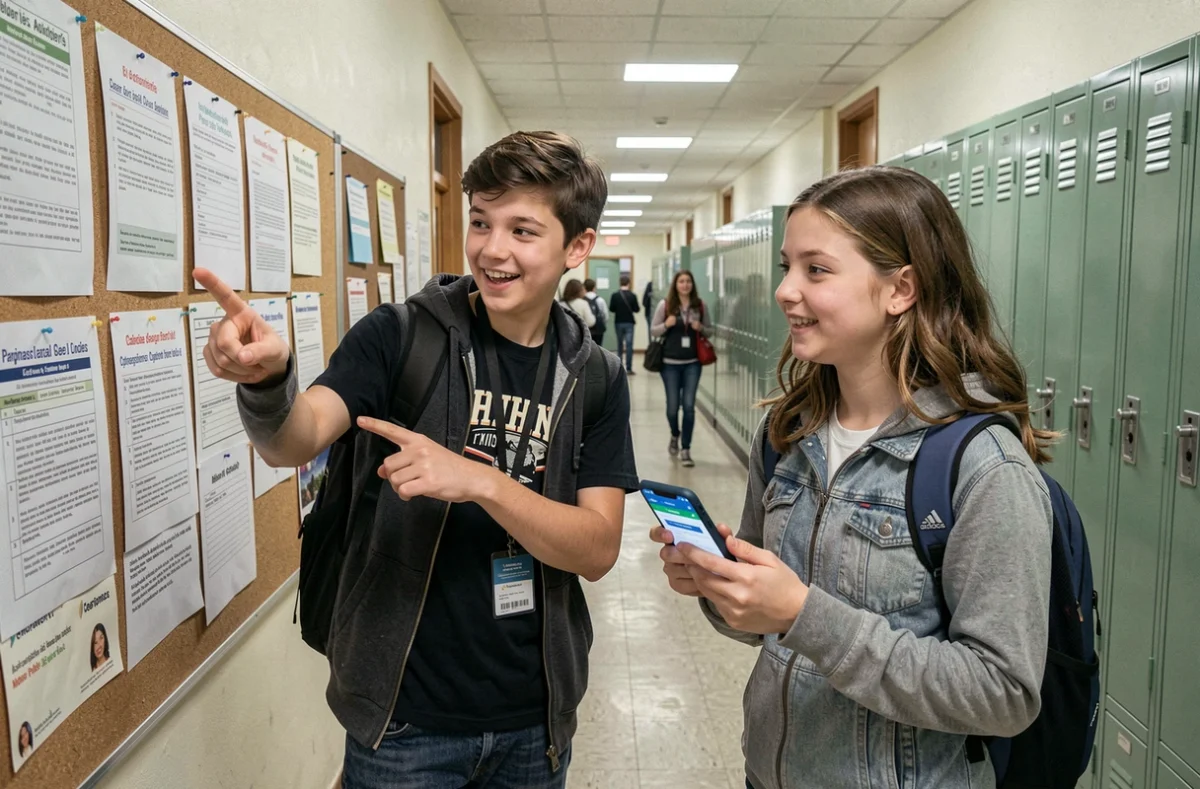 Deux collégiens consultant les listes de classes affichées dans un couloir d'école française