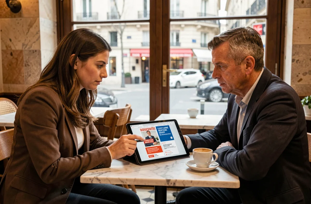 Deux collègues comparant les offres d'abonnement d'un magazine business sur une tablette dans un café parisien