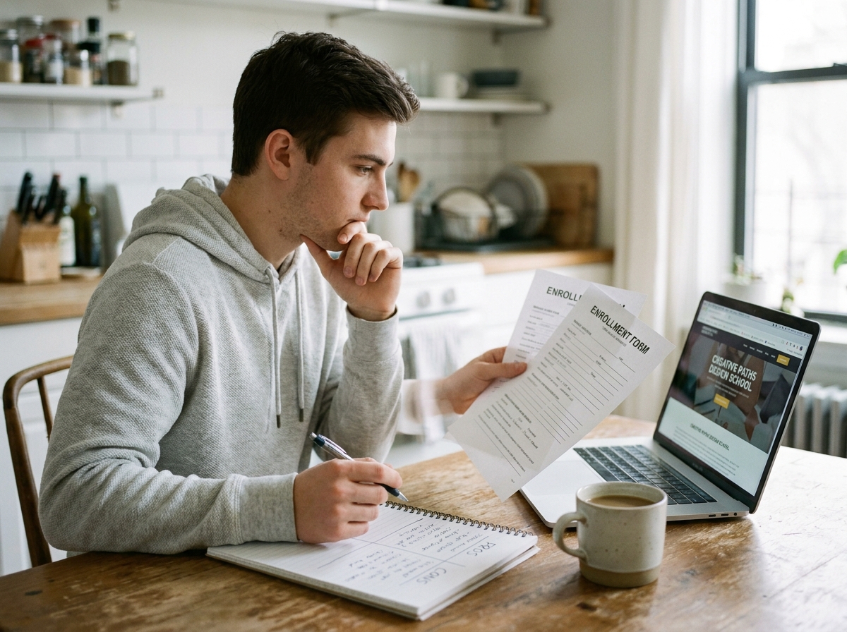 Jeune homme comparant des programmes d'inscription à un cursus de design graphique depuis son domicile