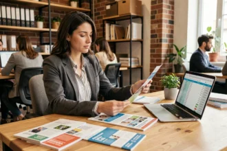 Femme comparant les tarifs de formations professionnelles sur son bureau dans un espace de coworking moderne