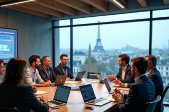 Participants engagés dans une conférence sur la transformation digitale à Paris, autour d'une grande table de réunion moderne avec vue sur la ville