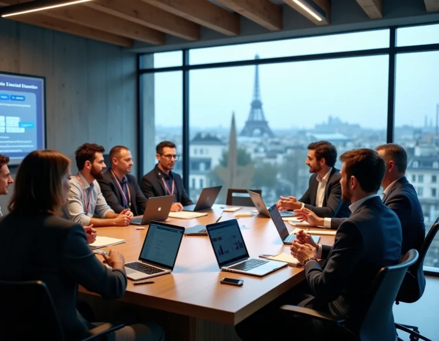 Participants engagés dans une conférence sur la transformation digitale à Paris, autour d'une grande table de réunion moderne avec vue sur la ville