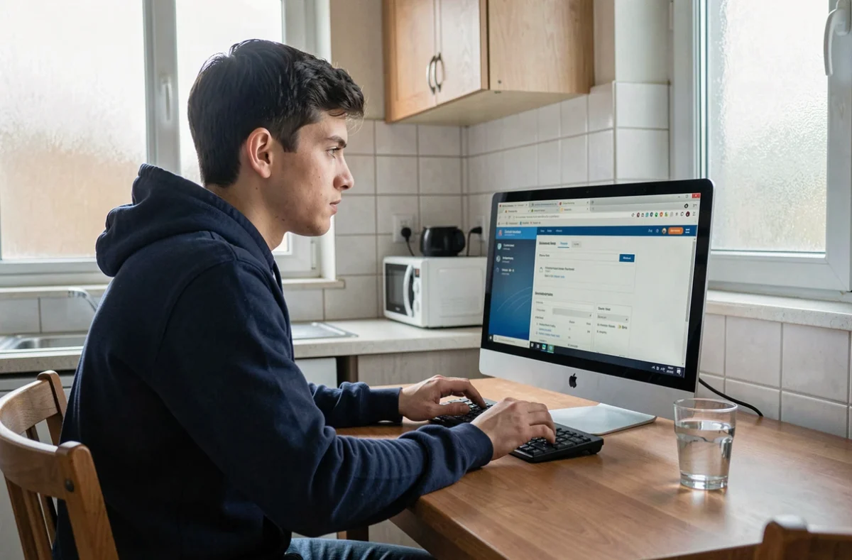Jeune homme configurant l'accès à un portail étudiant en ligne depuis son appartement